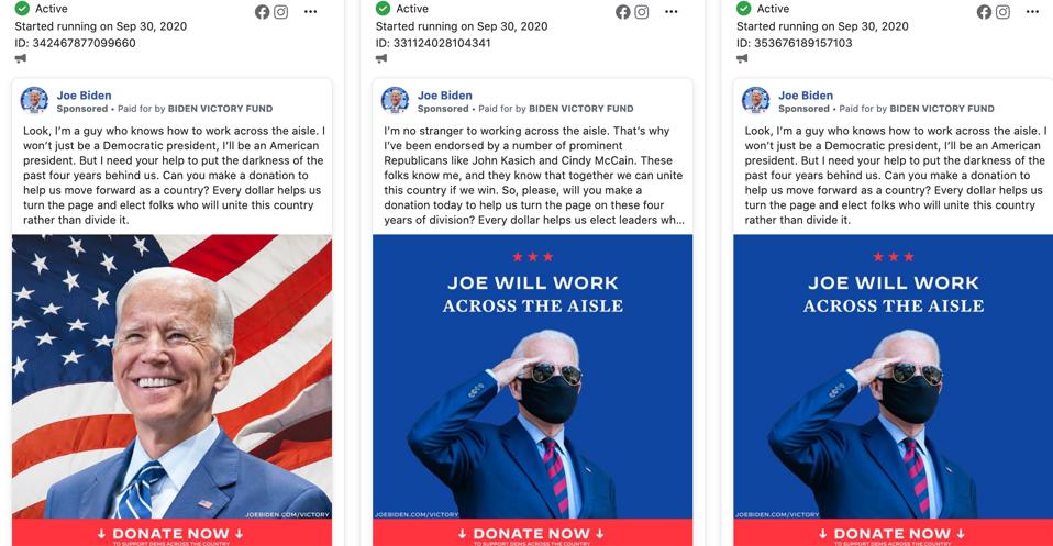 Anuncios de Facebook creados por la página de Facebook de Joe Biden, como se muestra en la Biblioteca de anuncios de Facebook.