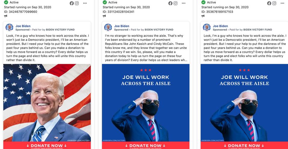 Anuncios de Facebook creados por la pgina de Facebook de Joe Biden, como se muestra en la Biblioteca de anuncios de Facebook.