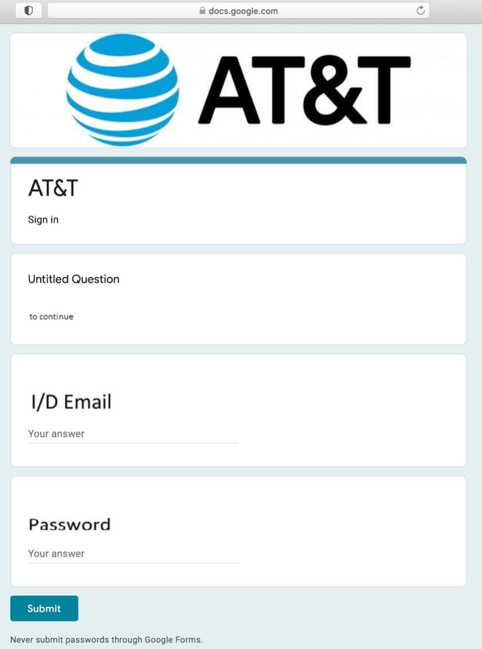 google forms used in password stealing