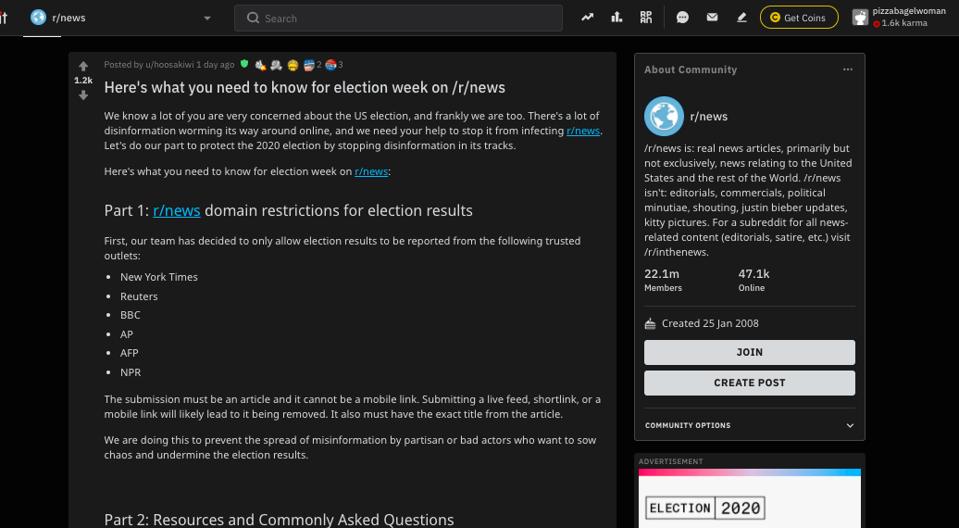 Reddit R / News Subreddit Règles électorales 2020
