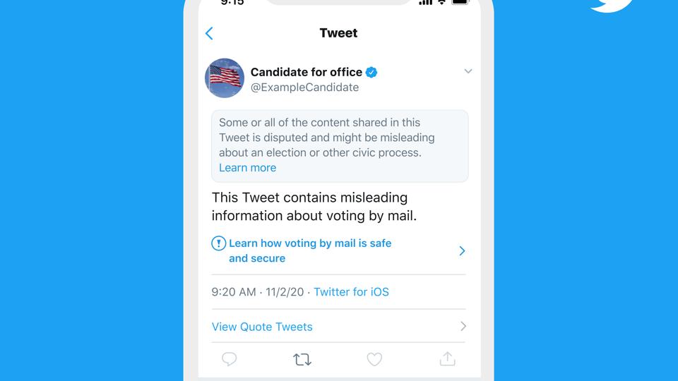 Exemple d'étiquette Twitter sur les publications contenant de la désinformation sur les élections de 2020