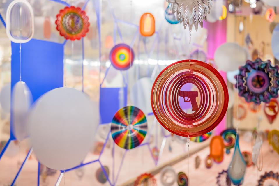 Nick Cave, 'Kinetic Spinner Forest,' 2016. Custom and off the shelf wind spinners, cables, motors. Installation photo at the Momentary, Bentonville, AR.