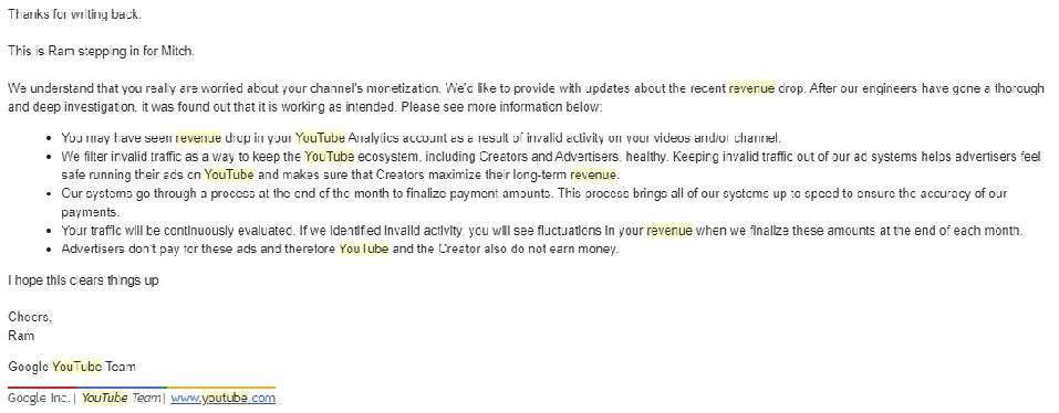 Form letter from YouTube on the #youtubewagetheft issue.