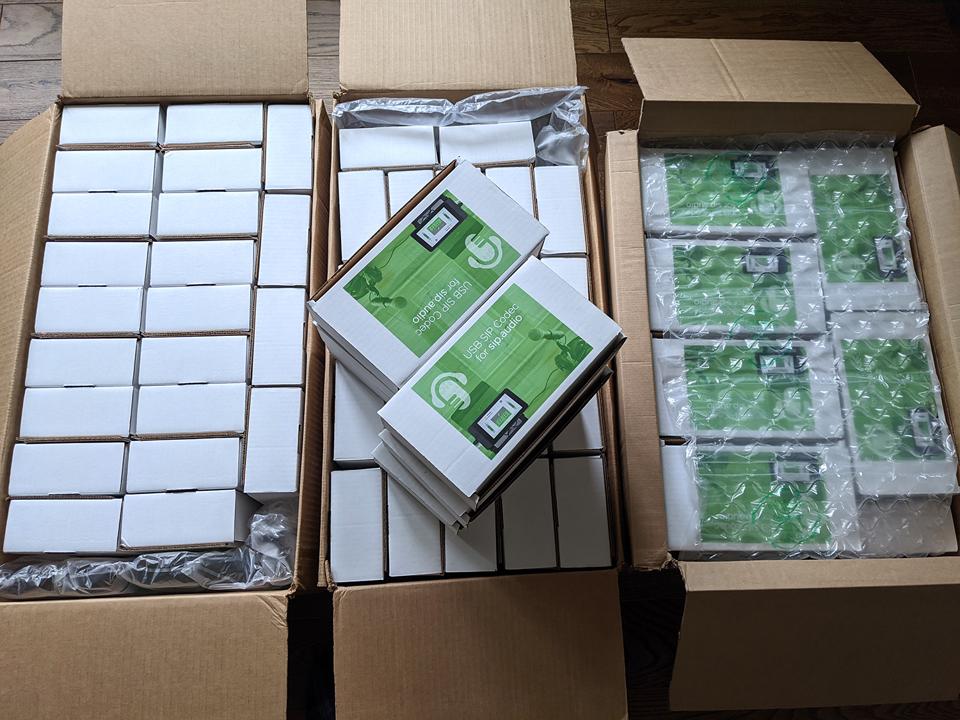 Boxes of In:Quality USB SIP Codecs ready for dispatch