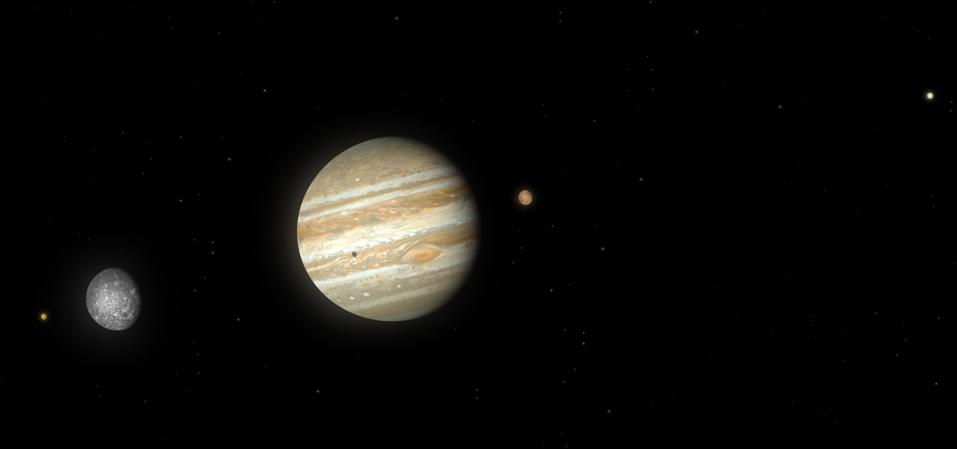 Artwork of Jupiter and its largest four (Galilean) moons Io, Callisto, Ganymede and Europa.