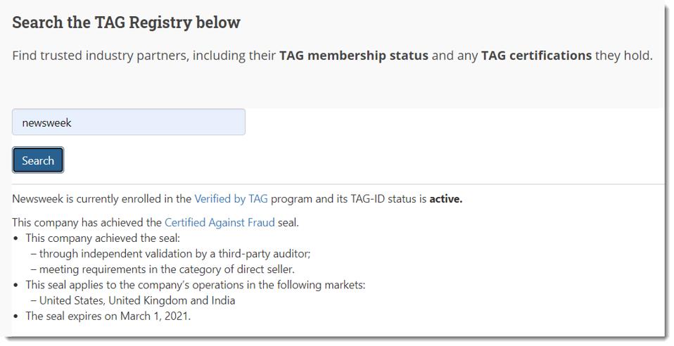 TAG Registry for Certified Against Fraud Vendors