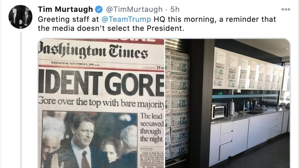 A screenshot of Tim Murtaugh's tweet in which he shared the doctored front page.