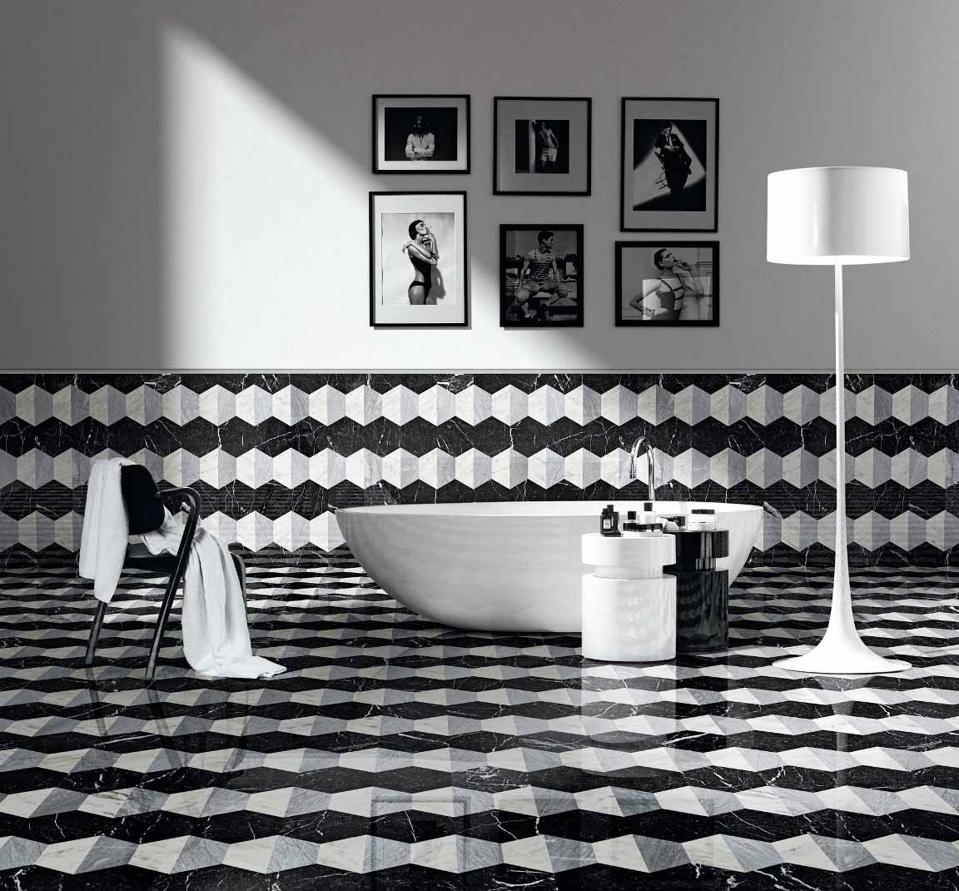 Italian marble tiling in black, white and shades of gray.