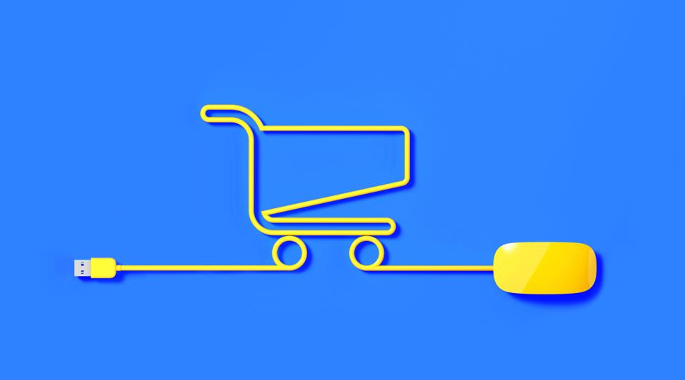 Yellow Mouse Cable Forming Shopping Cart Icon on Blue Background
