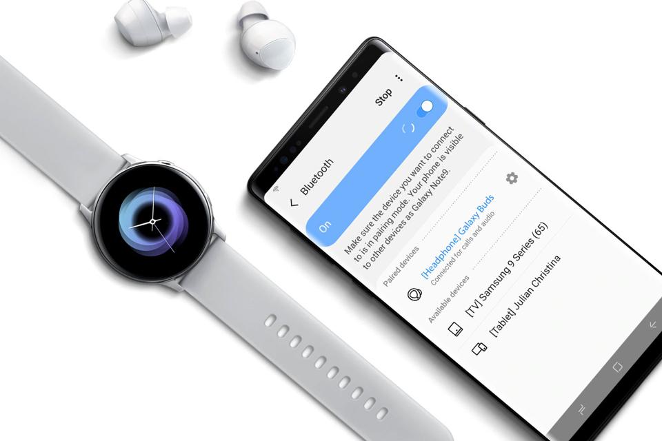 Samsung smartphone, watch, and earbuds