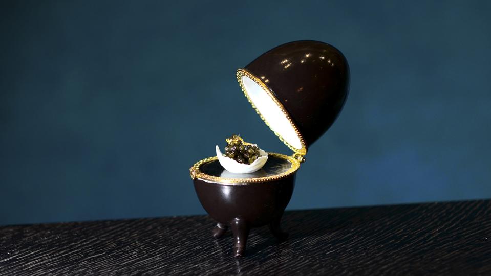 A dish of white chocolate and caviar pays homage to Fabergé eggs in St. Petersburg, Russia