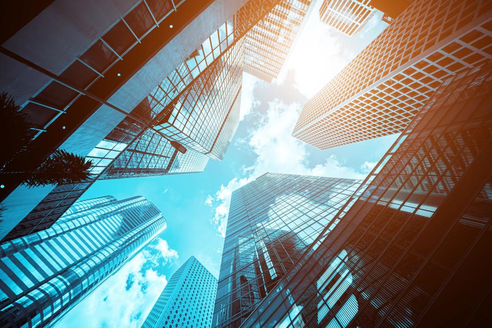 Modern office building close up in sunlight