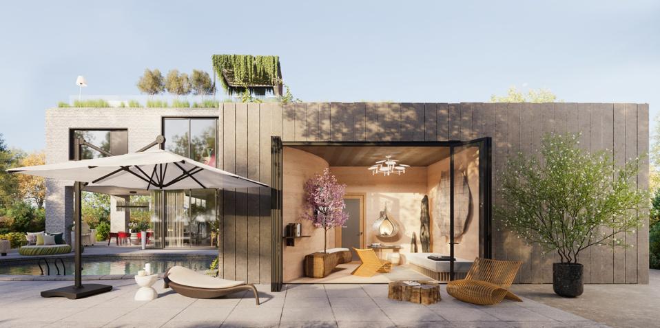 Rendering of a showcase home exterior for Architectural Digest's The Iconic Home.