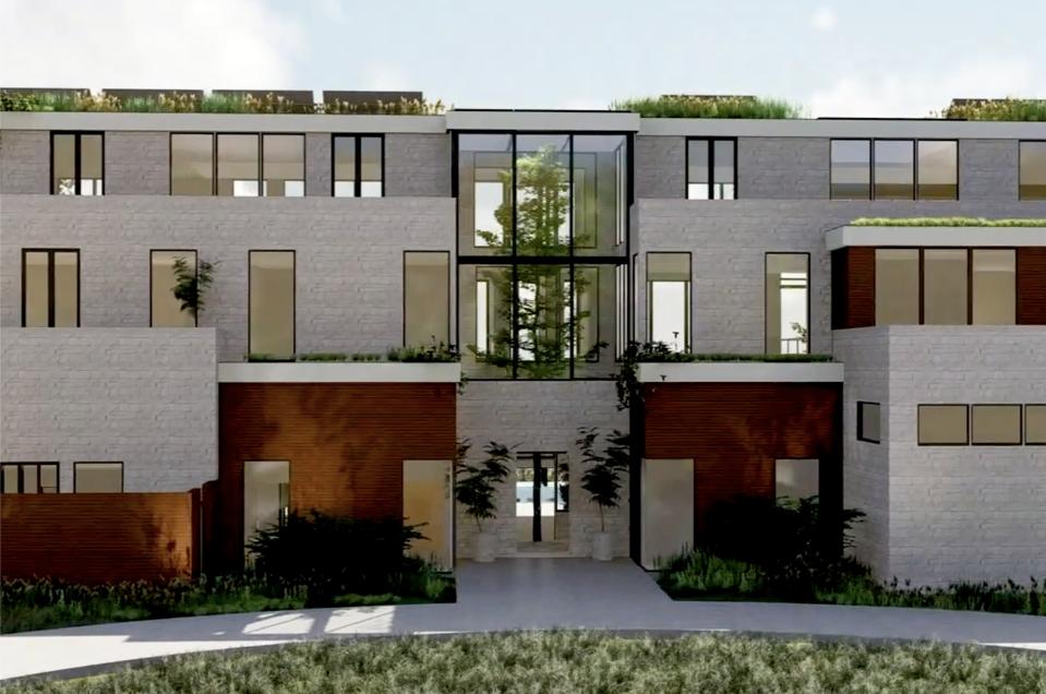 Front elevation rendering of three-story virtual showcase home.