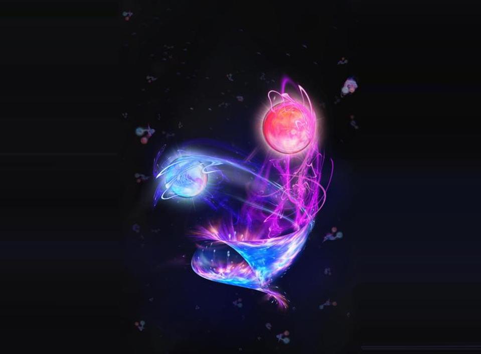 The simulated interaction between quantum particles at the subatomic level.