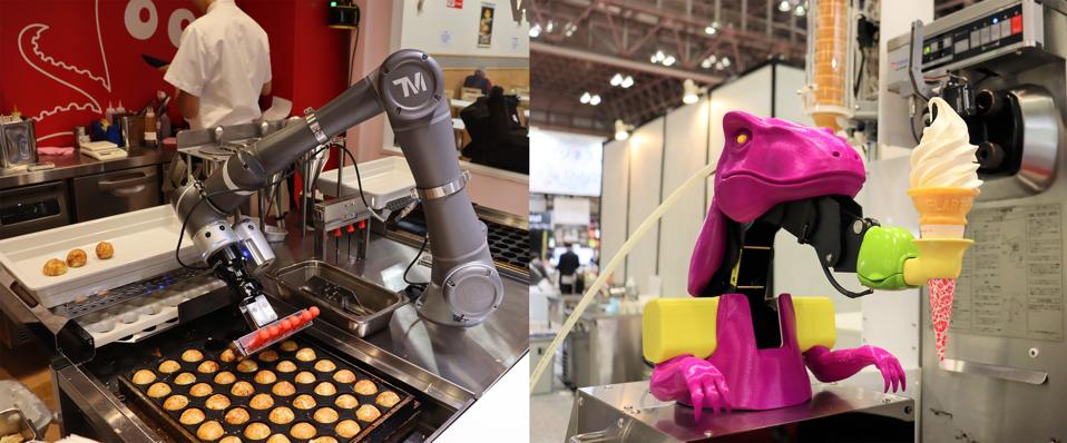Connected Robotics' OctoChef (left) churns out perfectly grilled takoyaki octopus balls