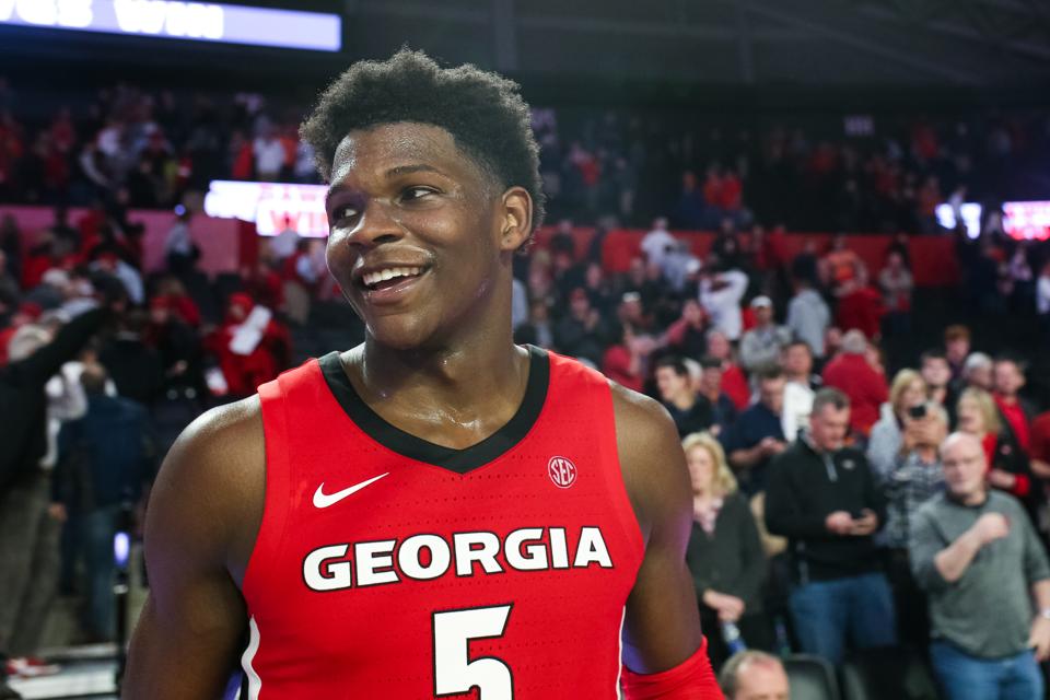 Guard Anthony Edwards of the Georgia Bulldogs looks on during a game against the Auburn Tigers at Stegeman Coliseum on February 19, 2020 in Athens, Georgia.