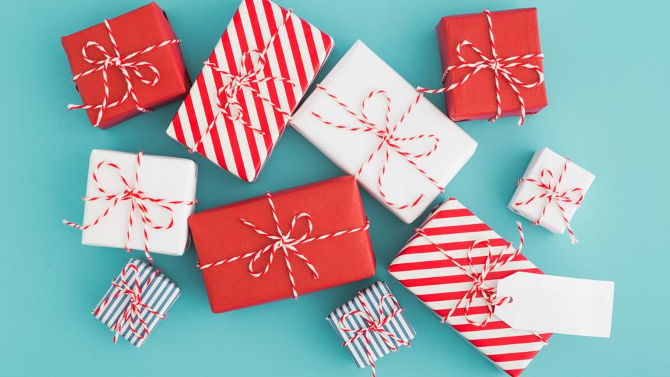 Gift boxes collection in holiday colors of red and white