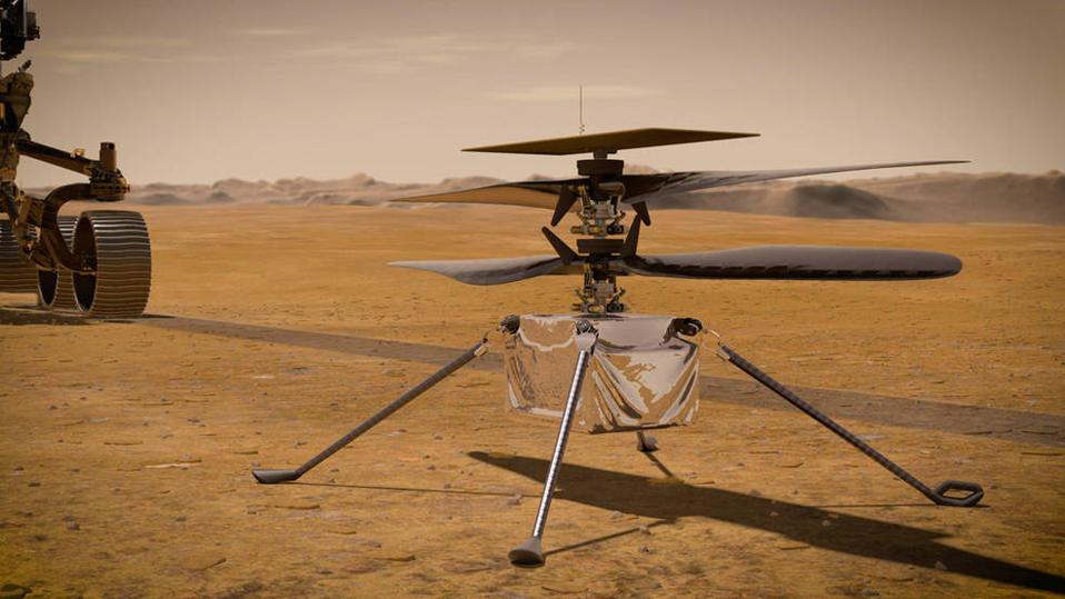 Artist's conception of the Ingenuity Mars helicopter poised for flight on the Red Planet.