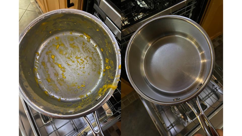 dried on Mac and cheese in pot on left, clean pot on right