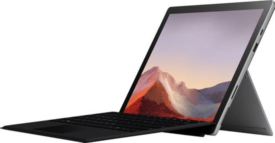 Microsoft Surface Pro 7 laptop with kickstand extended and type cover