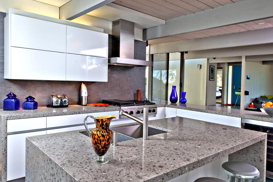 Kitchen with quartz countertops.