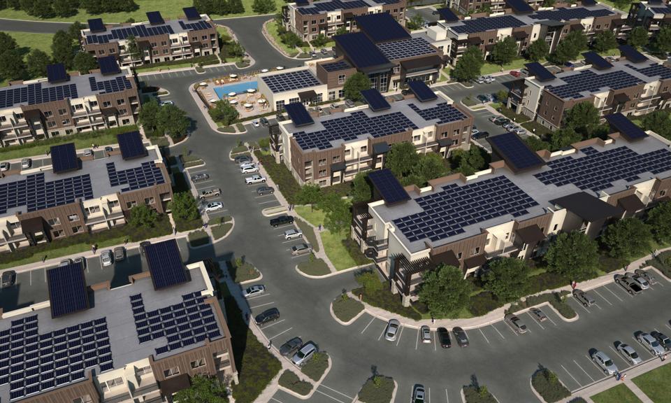 Render of a 600 unit apartment complex with rooftop solar.