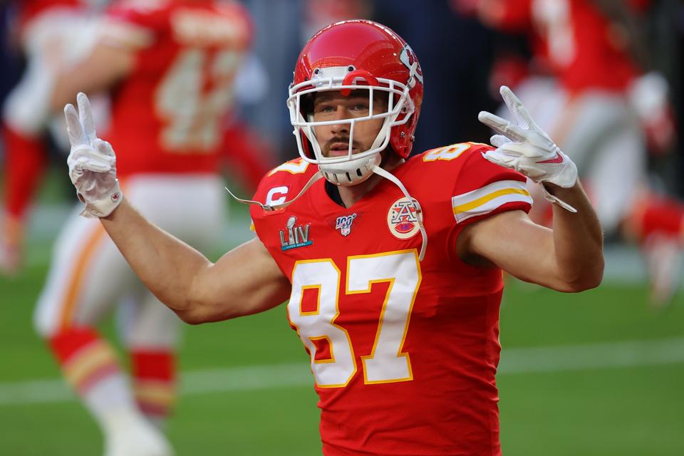 Tight end Travis Kelce gestures before Super Bowl 54 between the San Francisco 49ers and Kansas City Chiefs.