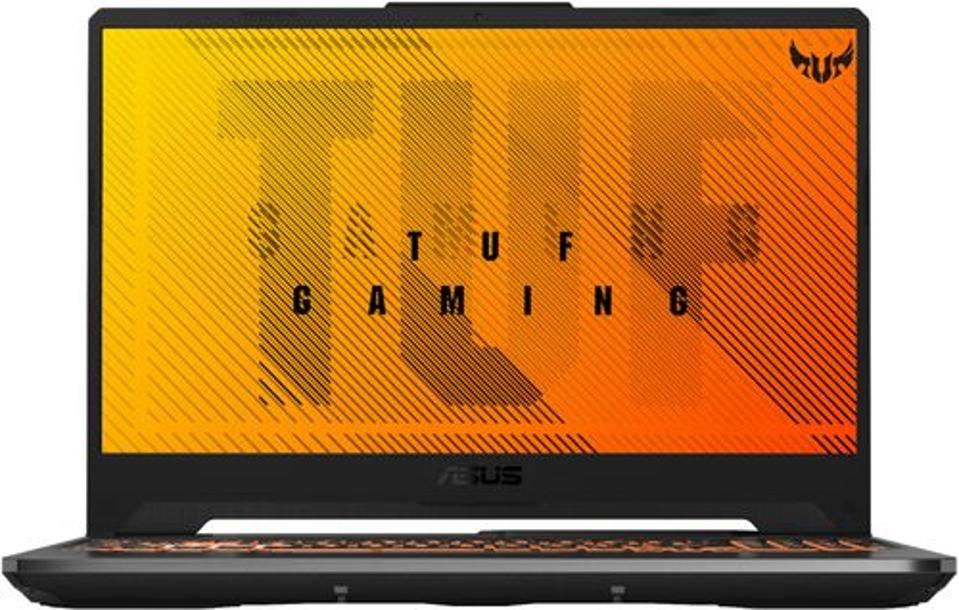 ASUS TUF gaming laptop opened with promotional wallpaper showing