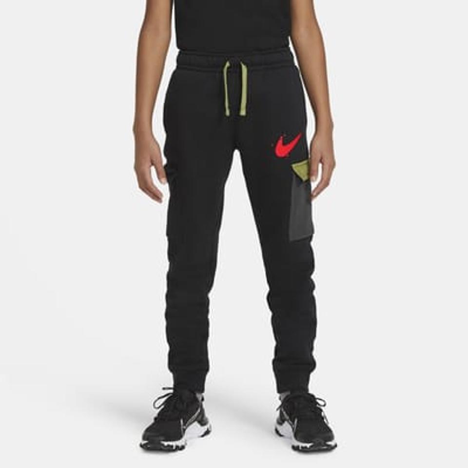 Nike Sportswear Club Fleece Big Kids' (Boys') Cargo Pants in black with red swoosh logo.