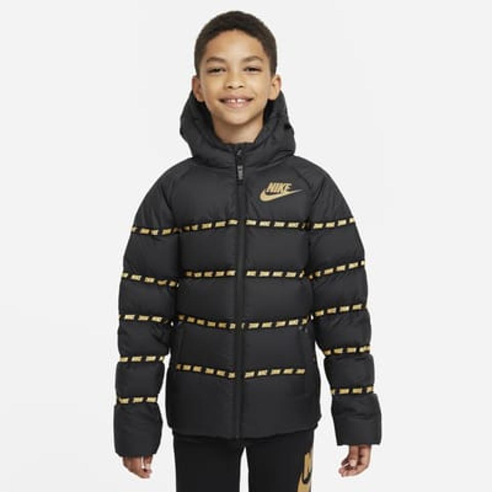Nike Sportswear Big Kids' Down Jacket in black with gold detailing.