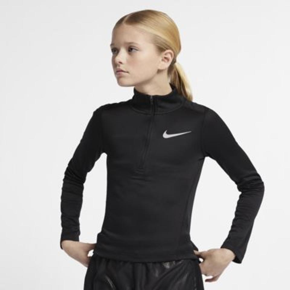 Girls running top in black with zip and Nike swoosh logo.