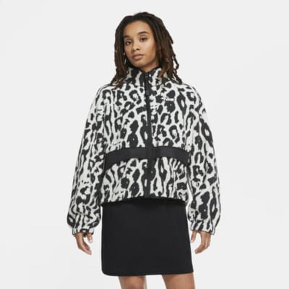 Black and white leopard print sherpa jacket from Nike. 
