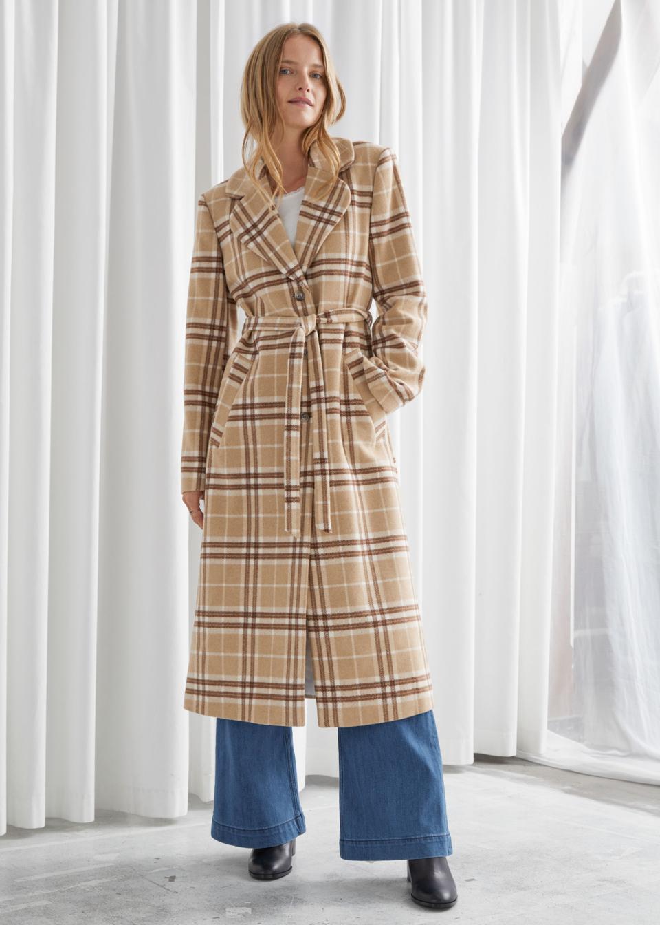 Woven plaid wool blend coat accentuated by a tonal self-tie belt