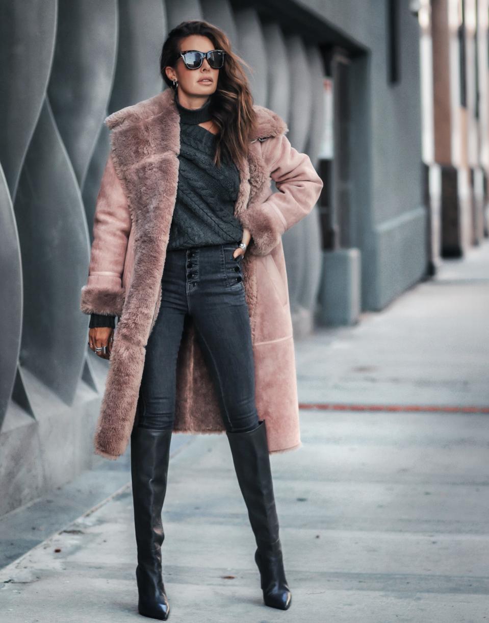 Double-Breasted Faux Shearling Coat in Rose Taupe