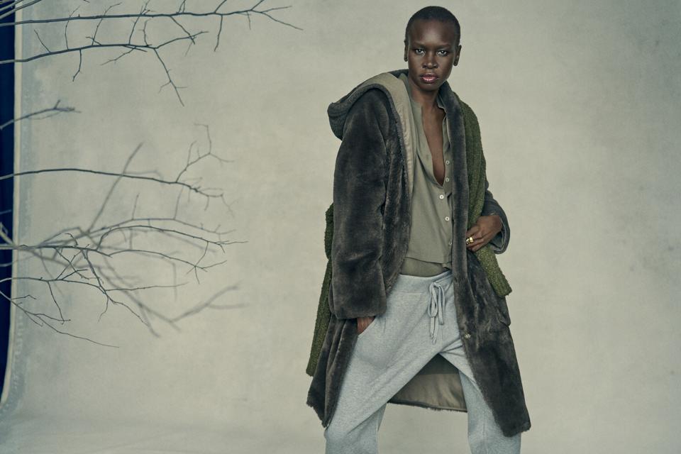 new york Vegan Fur Coat worn by renowned model and activist, Alek Wek