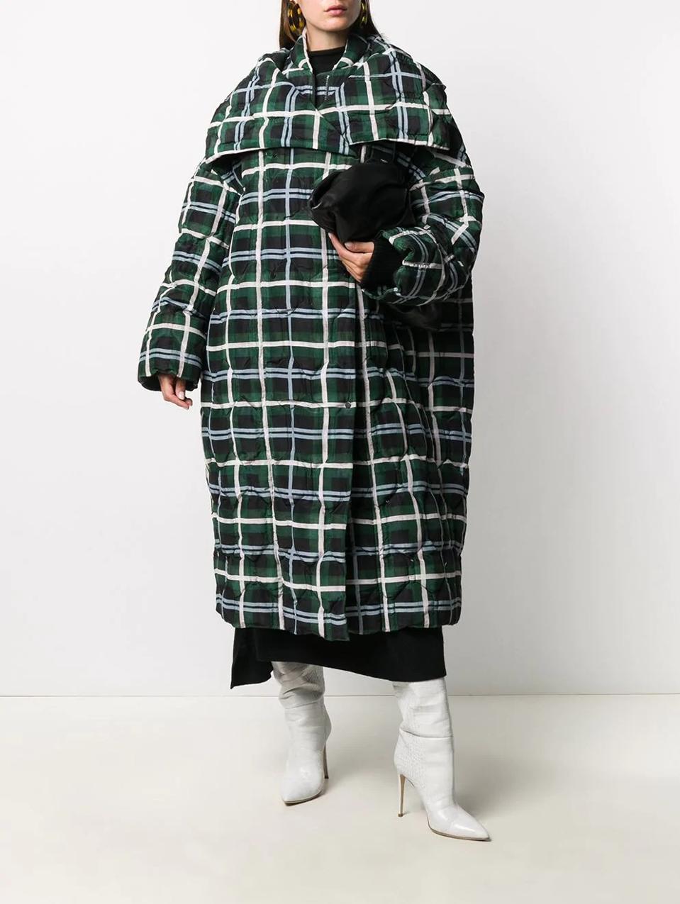 The Oversized Quilted Coat by Christian Wijnants is 100% cotton featuring a plaid check pattern, wide peak lapels and made of positively conscious material widely recognized as being better for the planet.