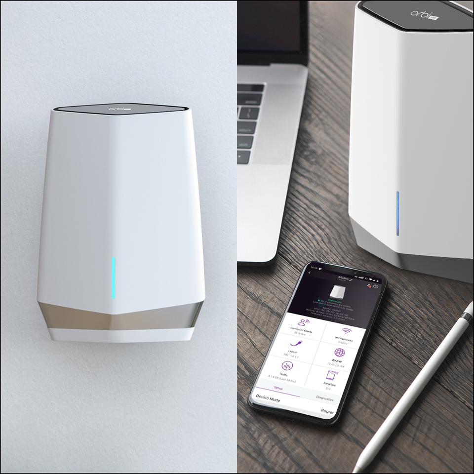 Split-screen showing an Orbi Pro WiFi 6 and a smartphone running the Netgear Insight app.