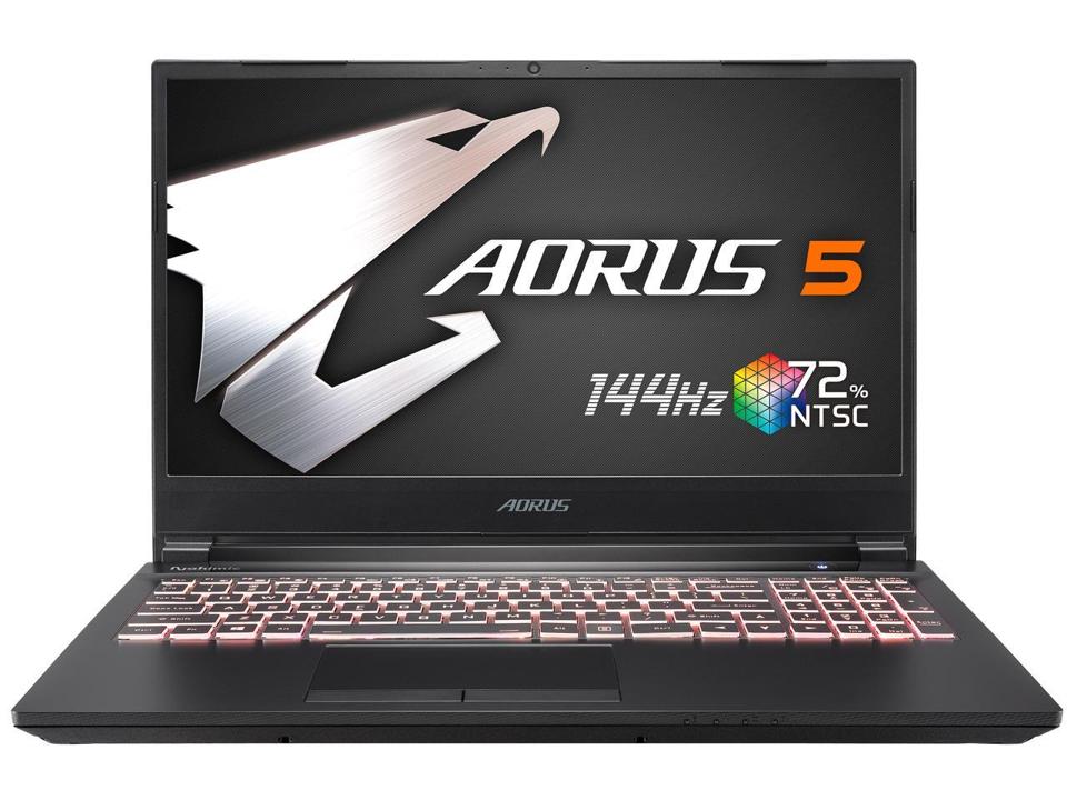 Gigabyte Aorus 5 gaming laptop opened with RGB keyboard illuminated