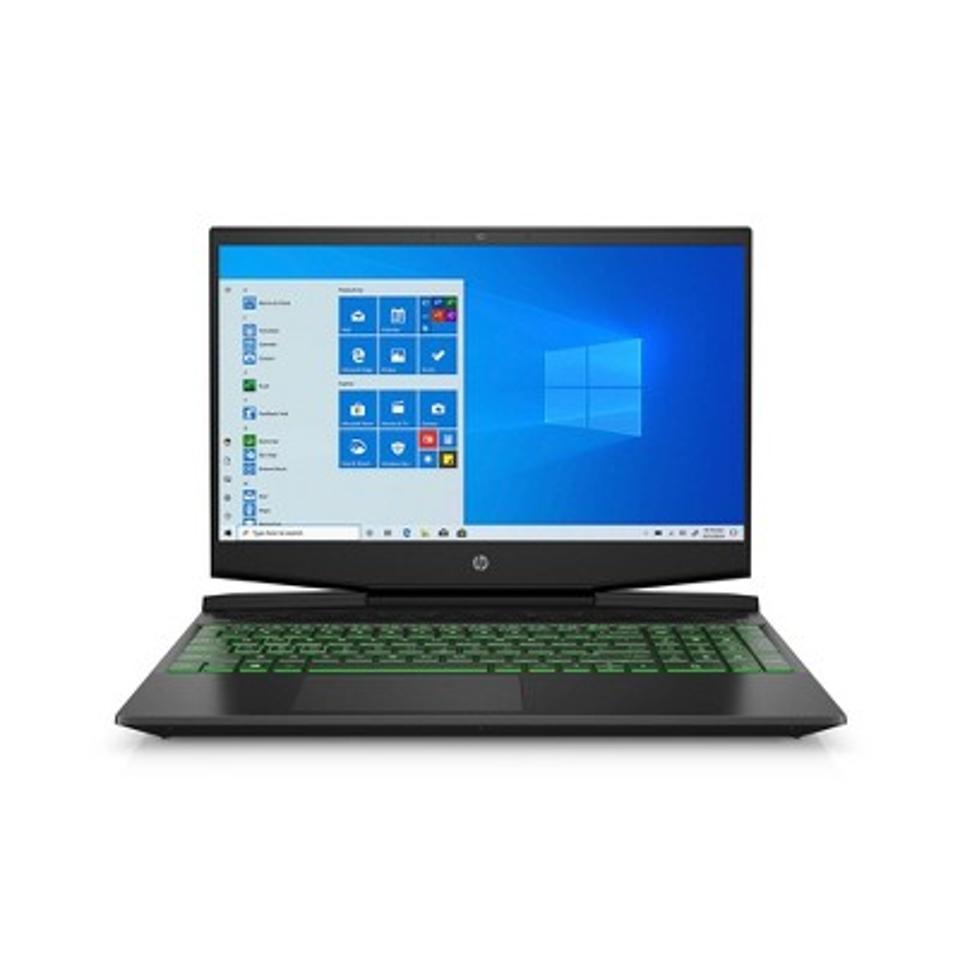 HP Pavilion 15″ gaming laptop with green backlit keys, opened and running Windows 10
