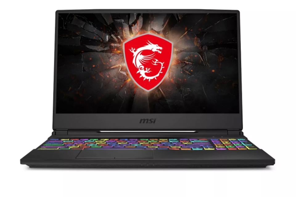 MSI GL65 gaming laptop opened with RGB keys and MSI wallpaper
