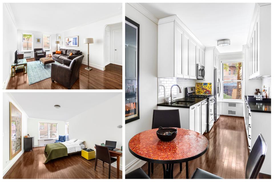 A collage of an apartment showing the living room, bedroom and kitchen.