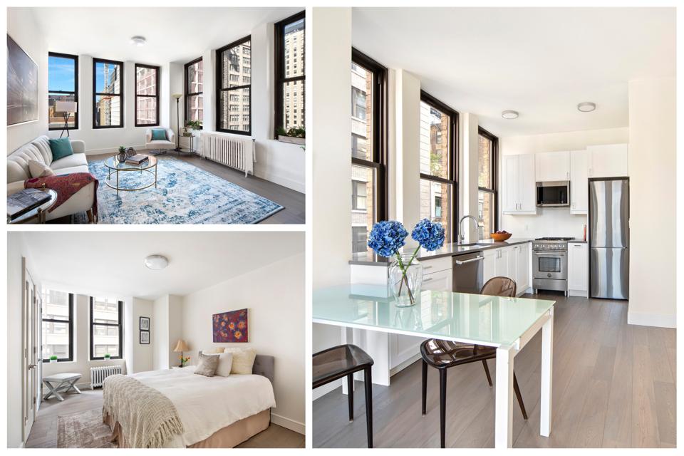 A collage of an apartment showing a living room with a cityscape view, a bedroom and a kitchen.