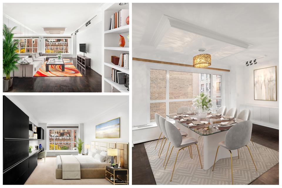 A collage of an apartment showing a living room, bedroom and dining room.