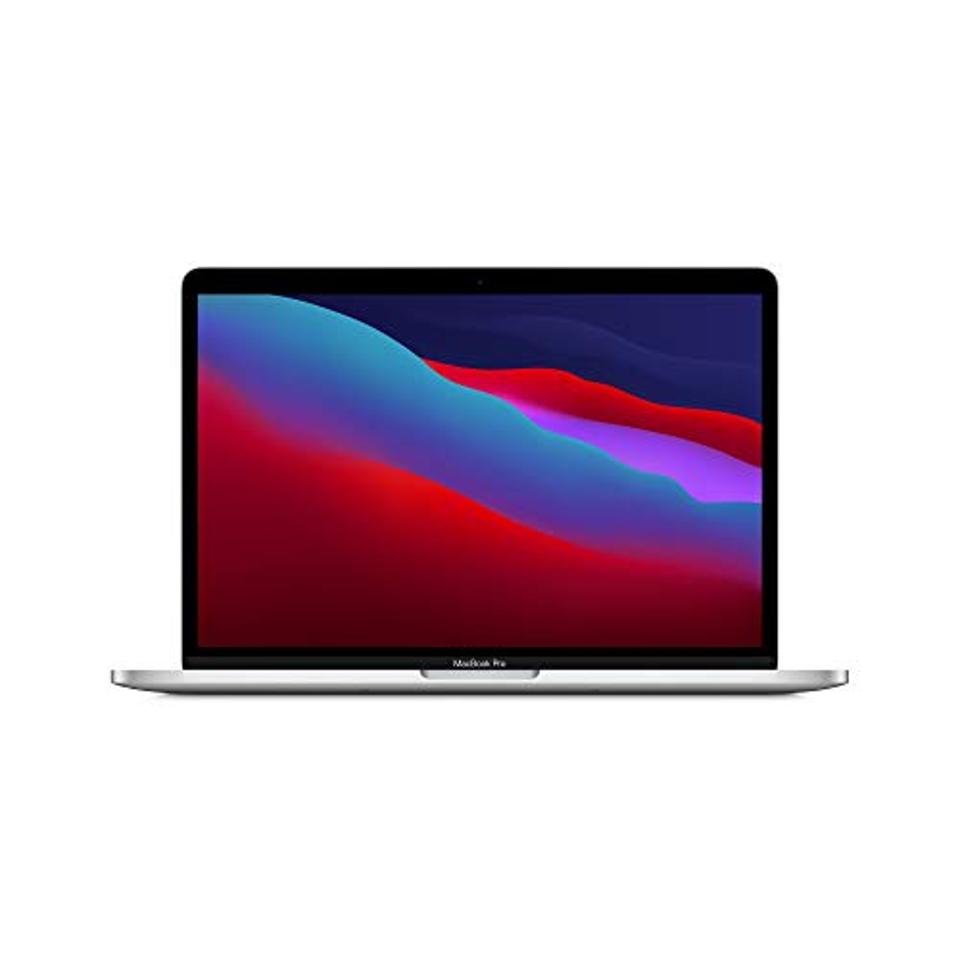 Apple MacBook Pro 13-inch laptop with M1 processor opened showing red and blue wallpaper