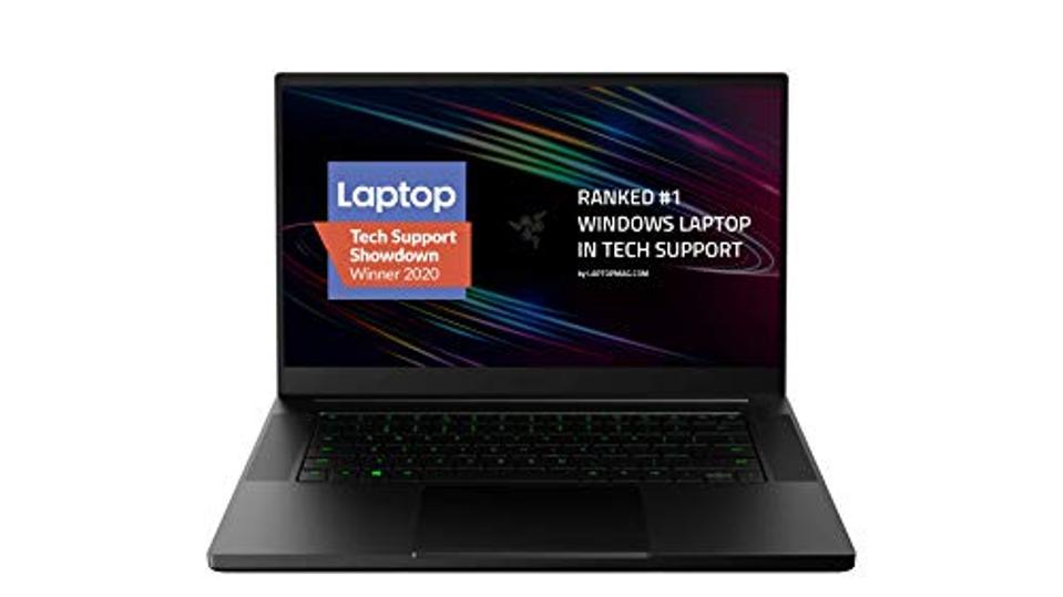 Razer Blade 15 Base gaming laptop opened and showing Razer promotional text
