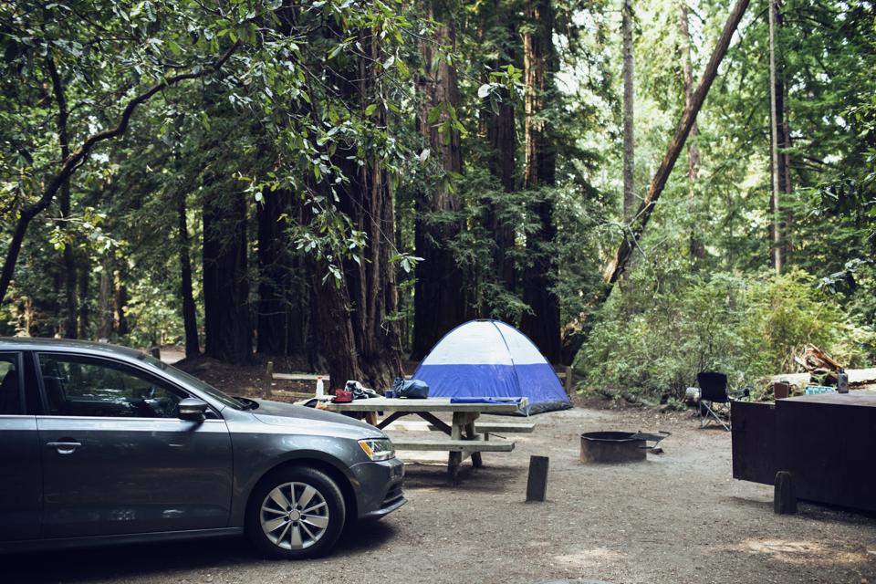 Car parked by wooden table in forest