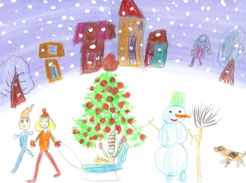 Watercolor children drawing winter sleigh ride