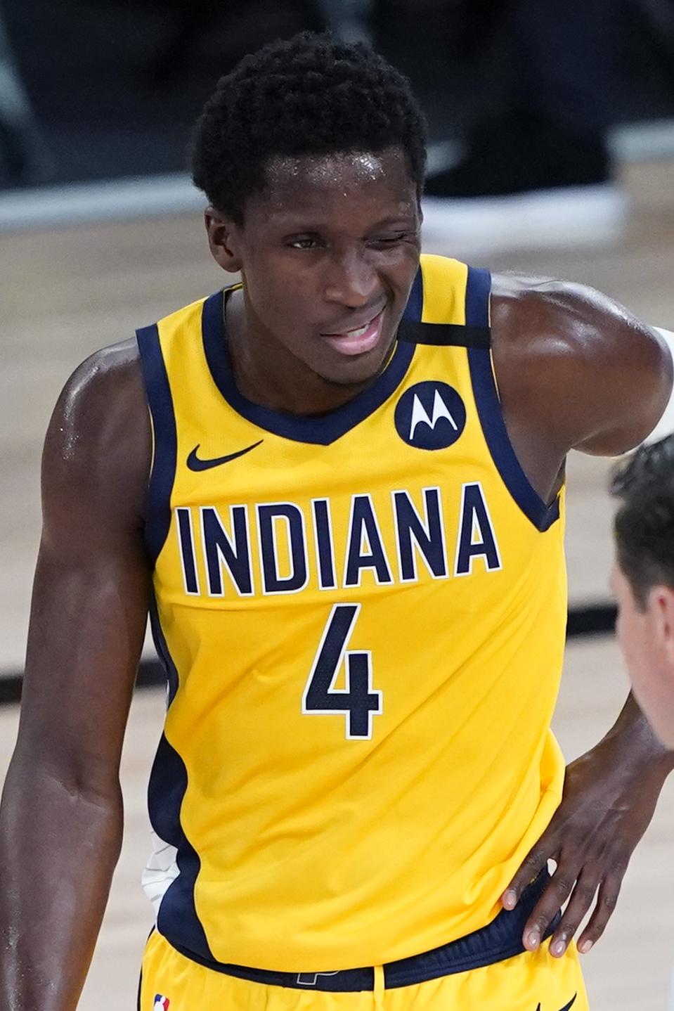 Miami Heat v Indiana Pacers - Game OneLAKE BUENA VISTA, FLORIDA - AUGUST 18: Victor Oladipo #4 of the Indiana Pacers reacts after a hard foul against the Miami Heat during Game One of the Eastern Conference First Round during the 2020 NBA Playoffs at AdventHealth Arena at ESPN Wide World Of Sports Complex on August 18, 2020 in Lake Buena Vista, Florida. NOTE TO USER: User expressly acknowledges and agrees that, by downloading and/or using this photograph, user is consenting to the terms and conditions of the Getty Images License Agreement. (Photo by Ashley Landis-Pool/Getty Images)