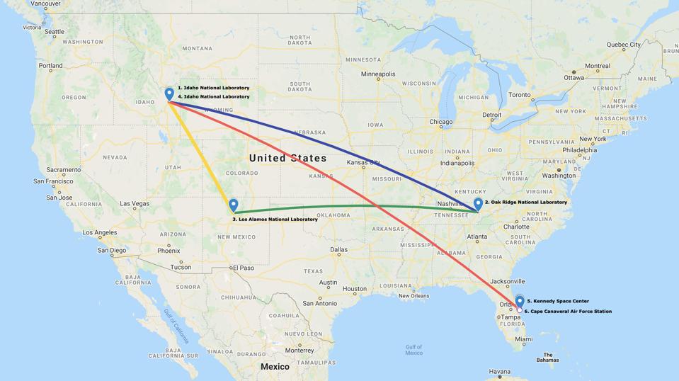 Map of pathway of plutonium-238 manufactured for NASA rovers